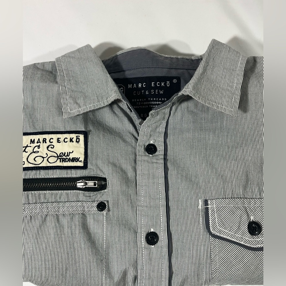 Marc Ecko Men's Black, Gray & White Striped Button Down Shirt W/Zipper Pocket LG